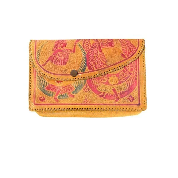 Vintage Hand Tooled 3 Piece Set Leather Clutch Wallet Coin Purse India Estate